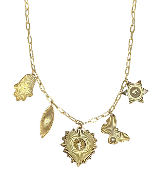 Vesta Heart Five Charm Initial Necklace