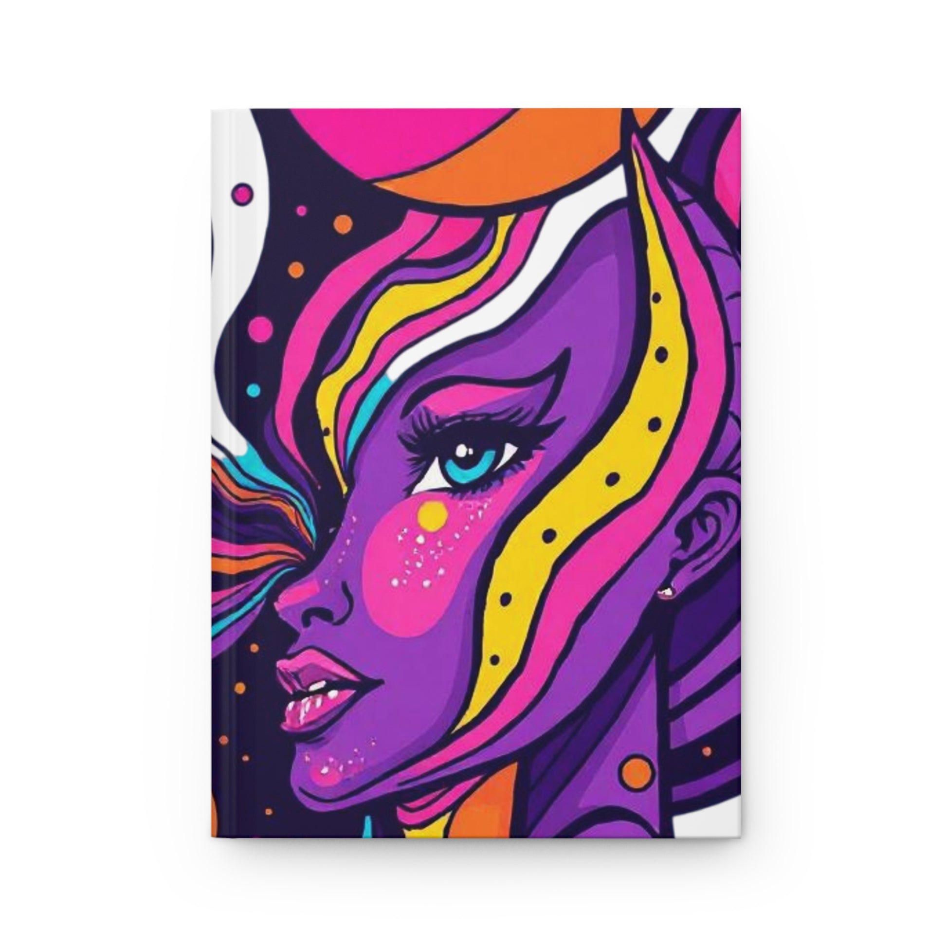 Colorful notebook with a stylized face design on a white background. Vibrant Art Hardcover Journal, Colorful Diary, Artistic Notebook, Gift for Creatives, Sketchbook, Writing Journal