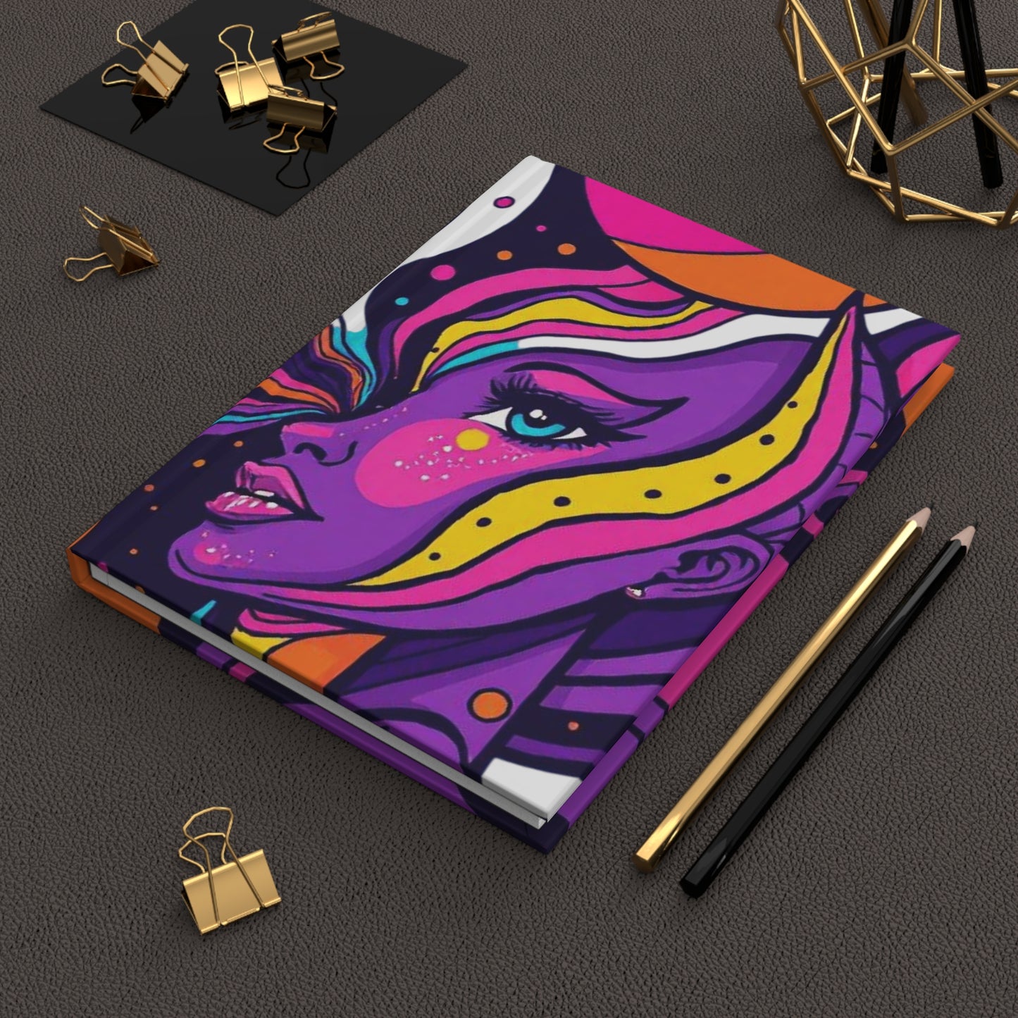 Colorful notebook with artistic design on a dark surface with stationery items. Vibrant Art Hardcover Journal, Colorful Diary, Artistic Notebook, Gift for Creatives, Sketchbook, Writing Journal