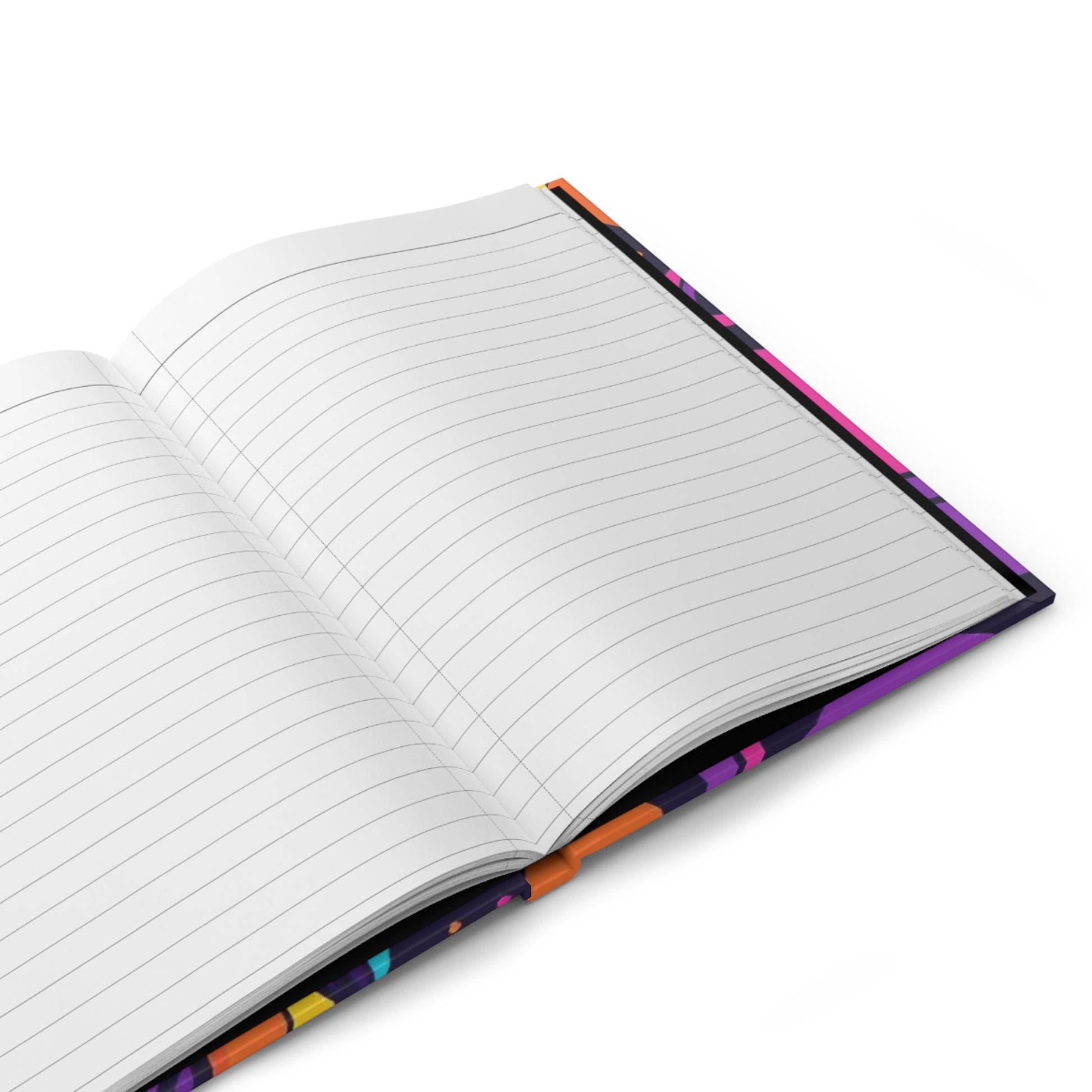 Open notebook with colorful spine design on a white background. Vibrant Art Hardcover Journal, Colorful Diary, Artistic Notebook, Gift for Creatives, Sketchbook, Writing Journal