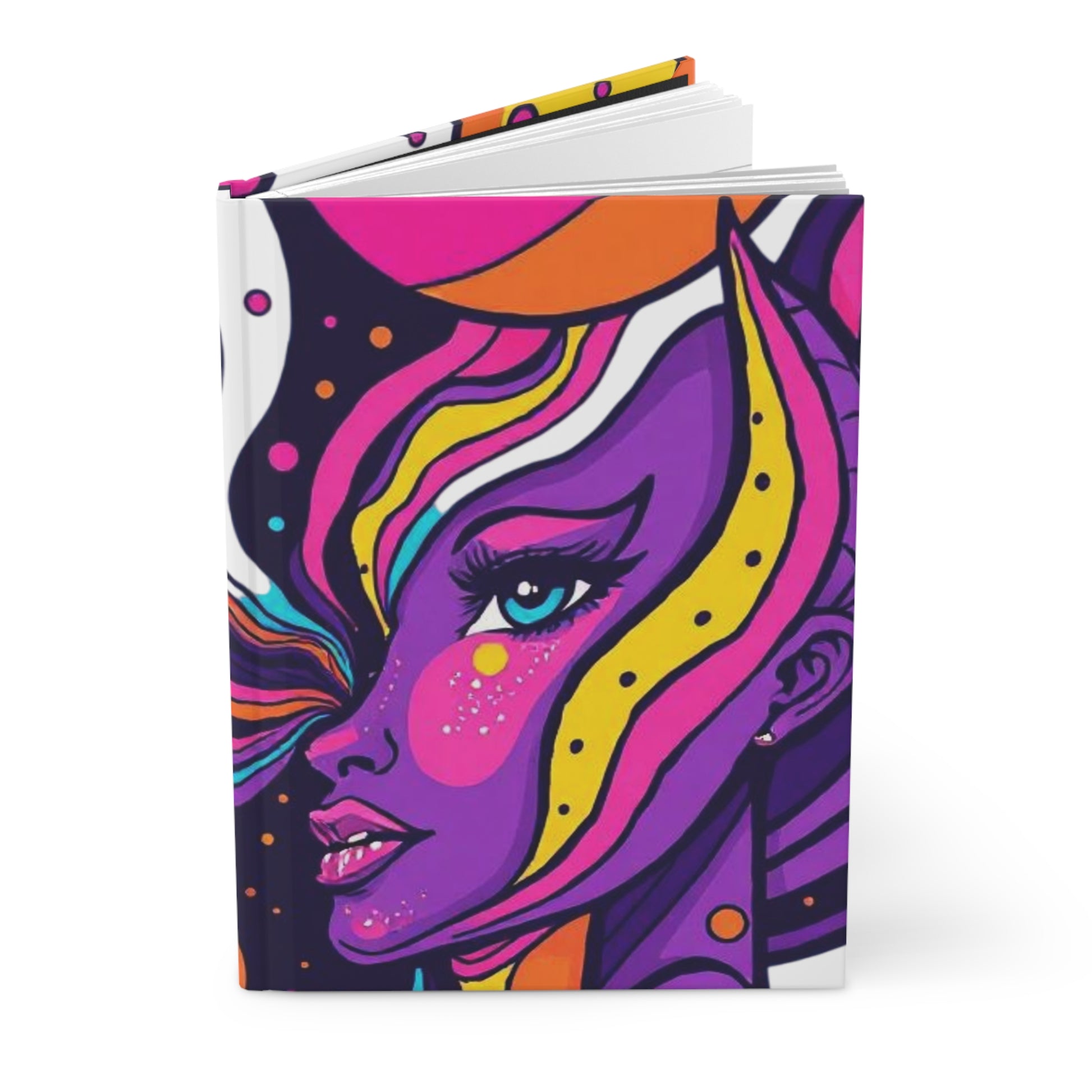 Colorful notebook with a stylized face design on a white background. Vibrant Art Hardcover Journal, Colorful Diary, Artistic Notebook, Gift for Creatives, Sketchbook, Writing Journal