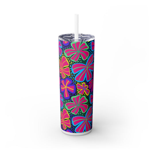 Tumbler with colorful floral pattern on a white background. Vibrant Floral Skinny Tumbler, 20oz | Reusable Drink Cup for Home, Office, Road Trips | Fun Gift for Spring, Summer, Birthdays, Garden Party...