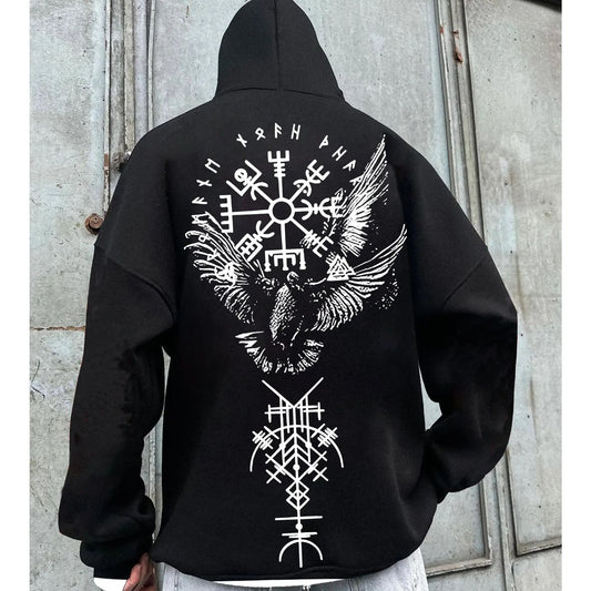 Viking Raven Rune Hoodie – Nordic Vegvisir & Odin Raven Graphic Pullover, Unisex Gothic Streetwear