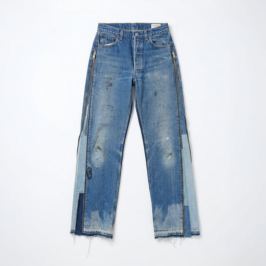 Vintage Reworked Denim Jeans with Full Leg Side Zip