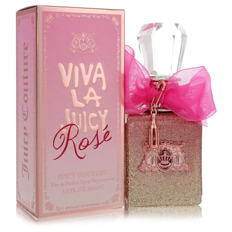 Juicy Couture Viva La Juicy Rose perfume bottle with pink packaging on a white background