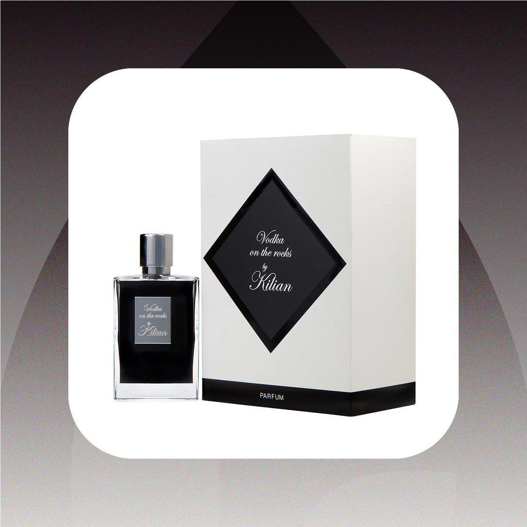 Perfume bottle and packaging with 'Kilian' branding on a gradient background