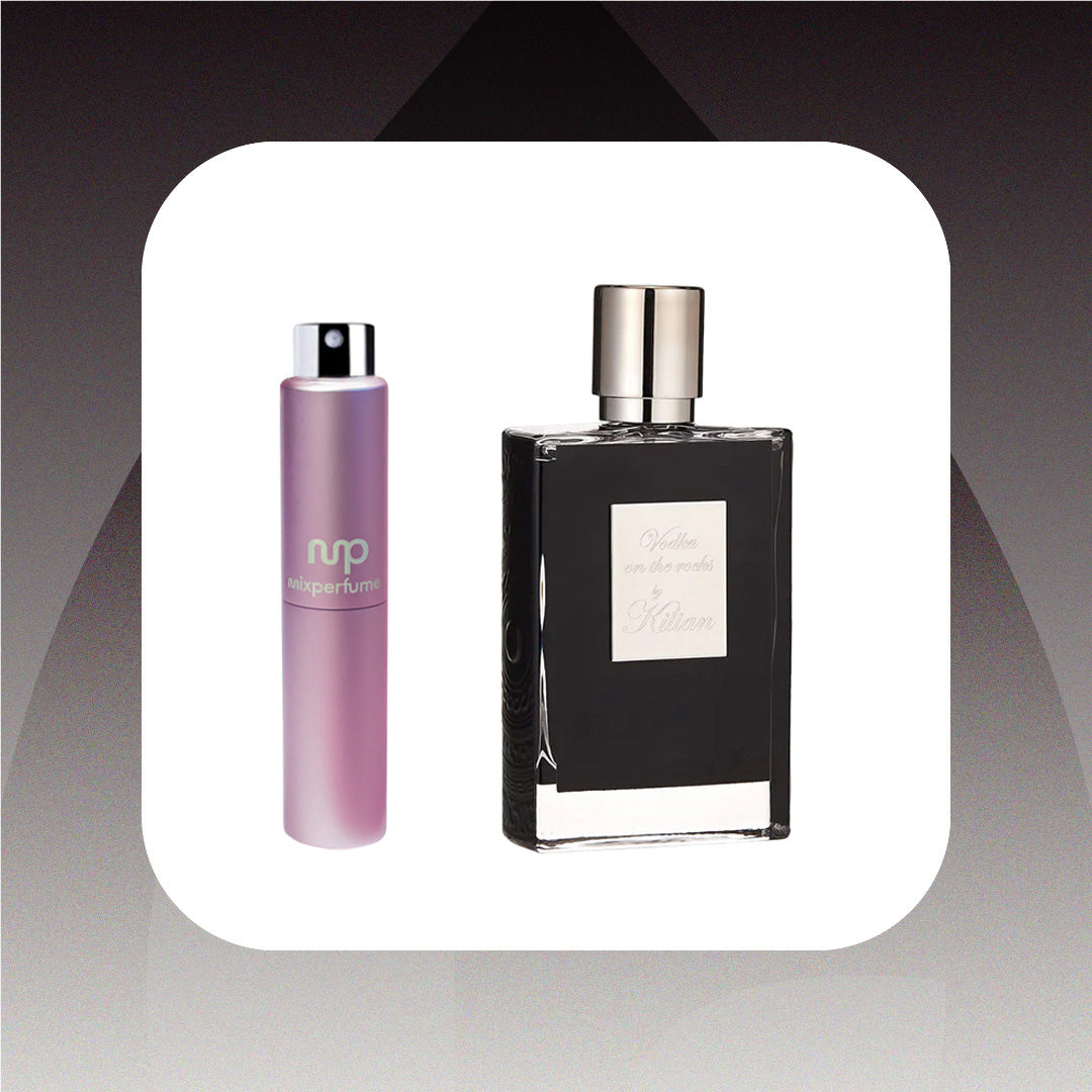 Two perfume bottles, one purple and one black with silver cap, on a gradient background.
