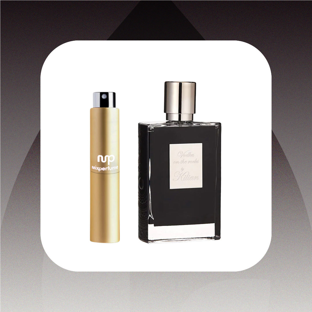 Two perfume bottles, one gold and one black with silver cap, on a gradient background.