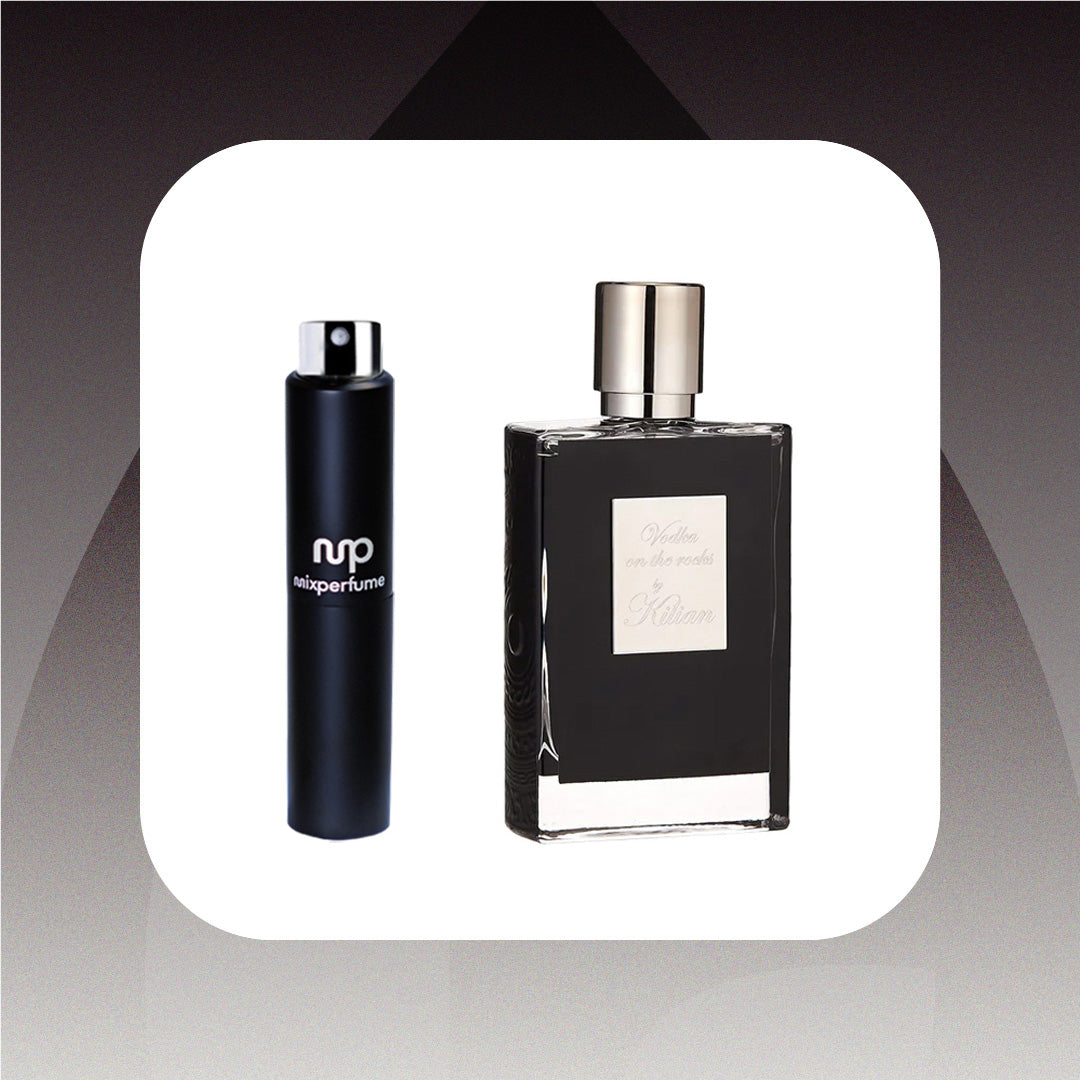 Two black perfume bottles with silver caps on a gradient background