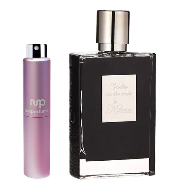 Two perfume bottles, one black and one purple, on a gradient background