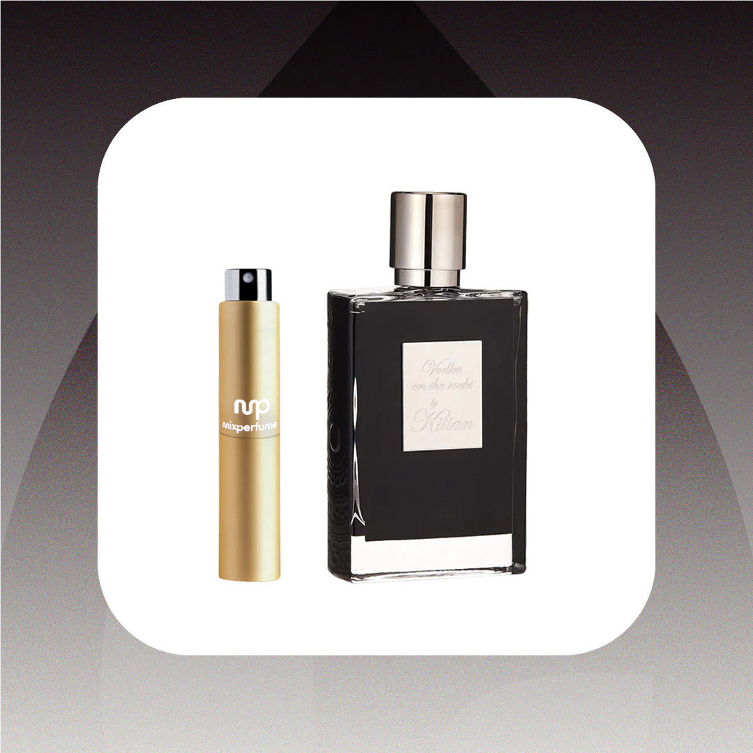 Two perfume bottles, one gold and one black with a silver cap, on a gradient background.