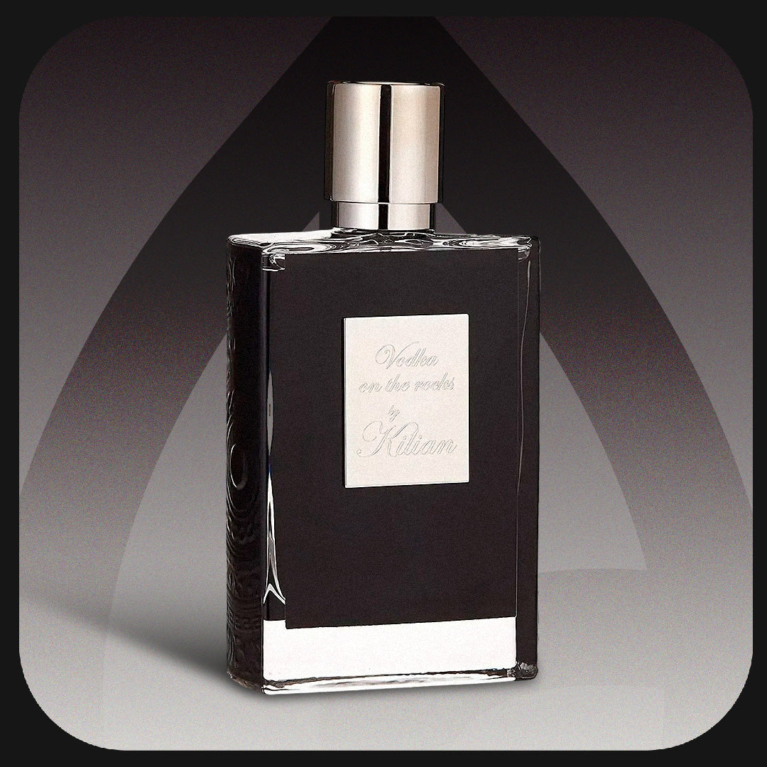 Black perfume bottle with silver cap on a gradient background