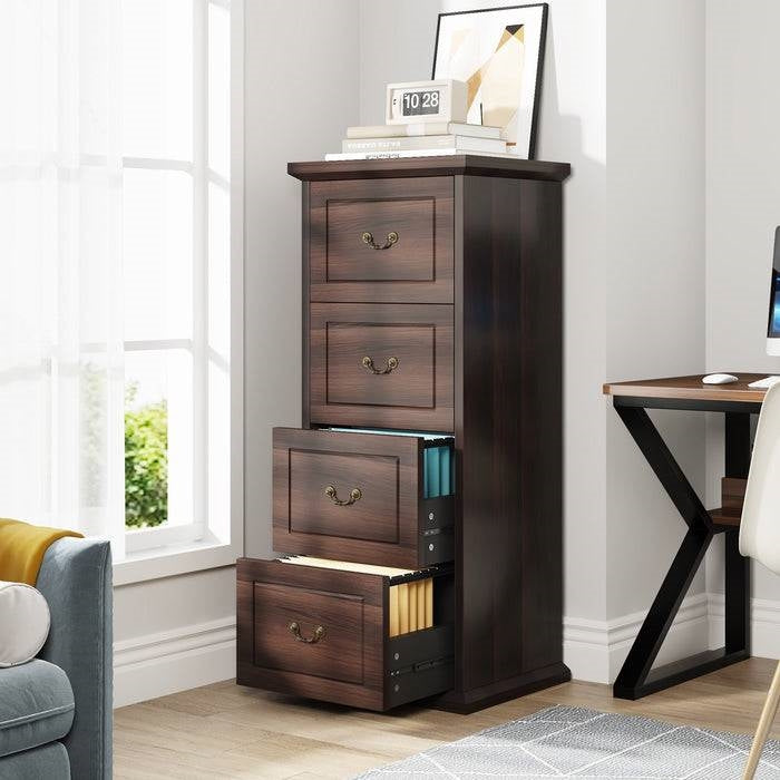 Traditional Vertical File Cabinet in Walnut Wood Finish with 4 Storage Drawers-2