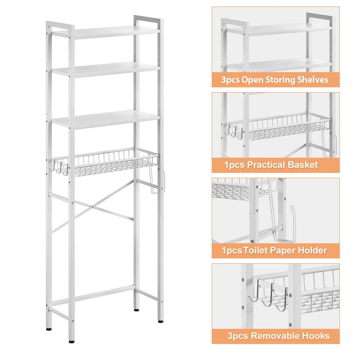 White Over the Toilet Storage Freestanding Industrial Metal Wood Shelving Unit-3