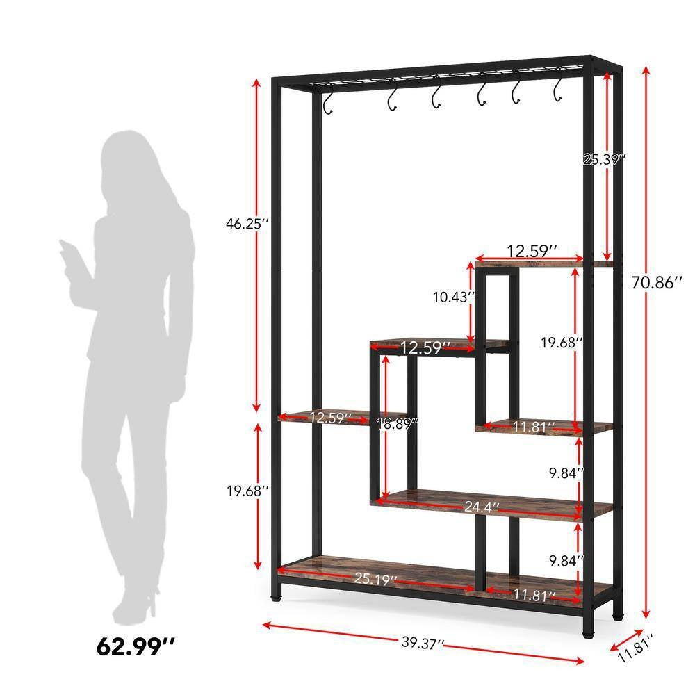 Modern Industrial Heavy Duty Metal Wood Plant Stand with 10 Hanging Hooks-4