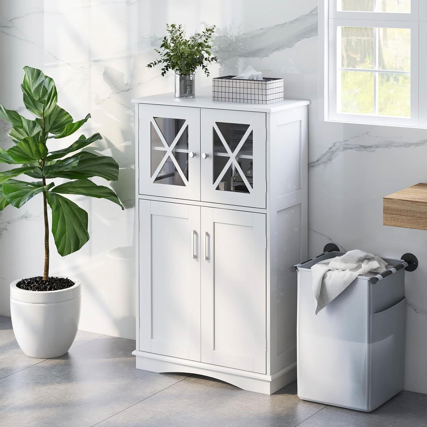 White Bathroom Towel Linen Cabinet with Glass Doors and Storage Shelves-1