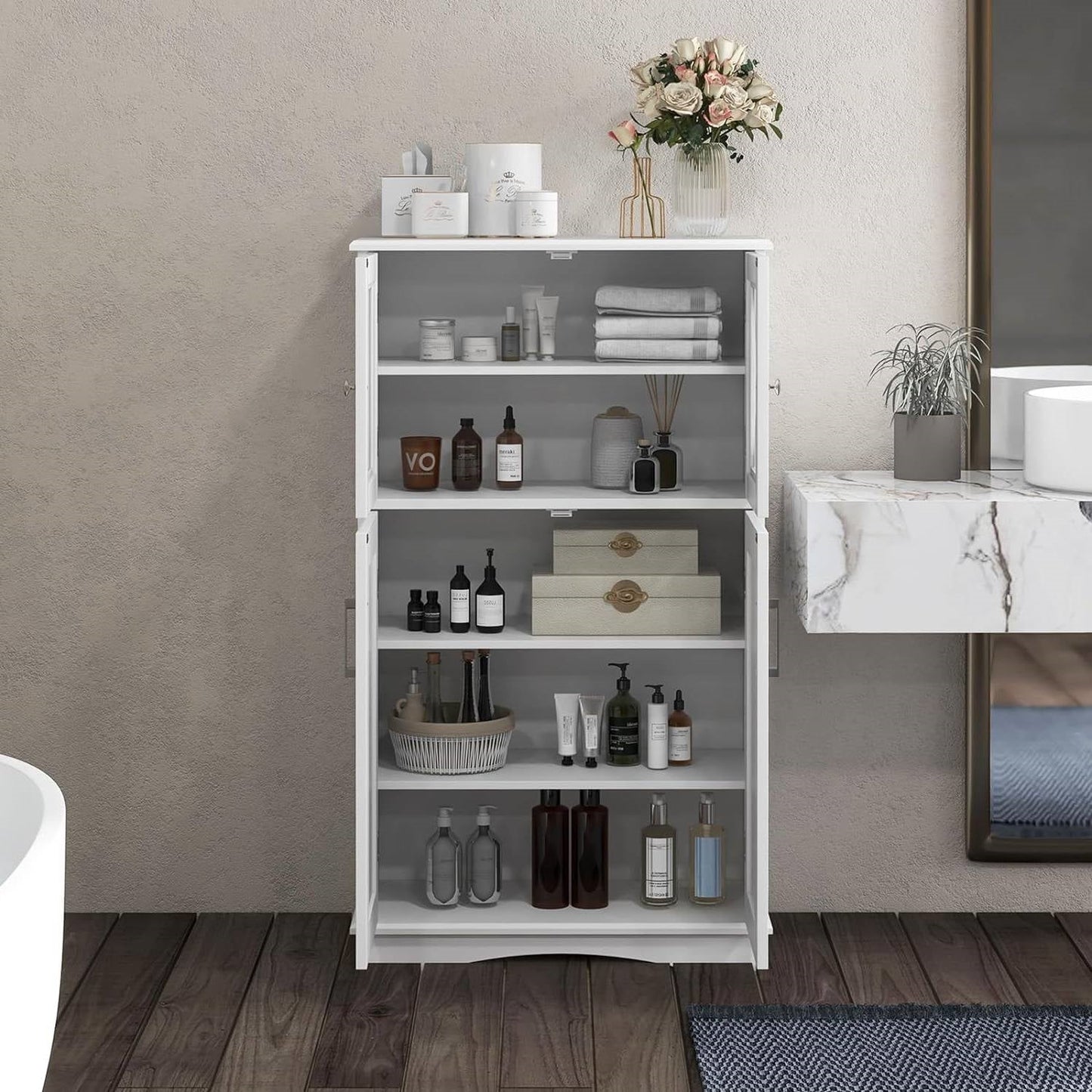 White Bathroom Towel Linen Cabinet with Glass Doors and Storage Shelves-2