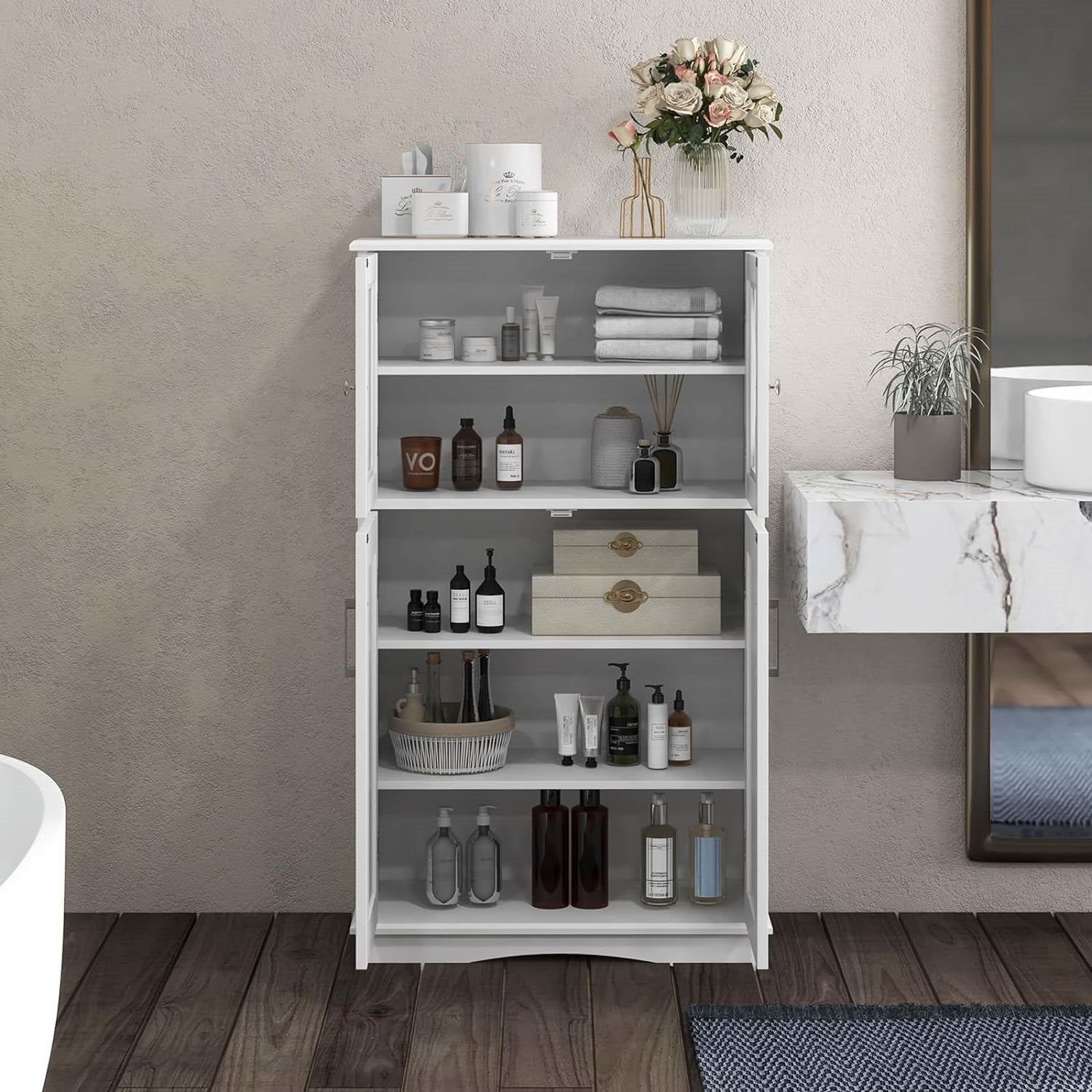 White Bathroom Towel Linen Cabinet with Glass Doors and Storage Shelves-2