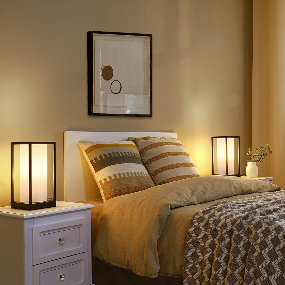 Set of 2 - Japanese Style USB Table Lamp with White Linen Shade and LED Bulbs-0