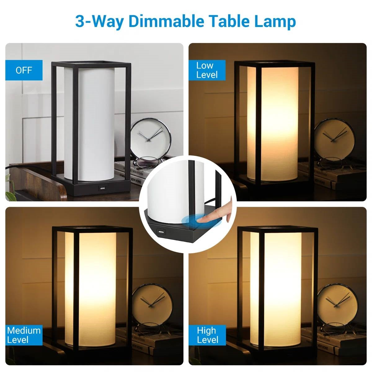 Set of 2 - Japanese Style USB Table Lamp with White Linen Shade and LED Bulbs-1