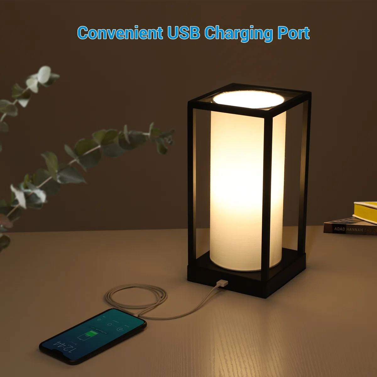 Set of 2 - Japanese Style USB Table Lamp with White Linen Shade and LED Bulbs-2