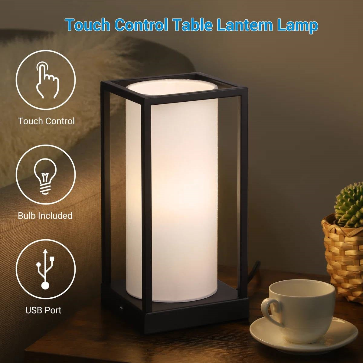 Set of 2 - Japanese Style USB Table Lamp with White Linen Shade and LED Bulbs-3