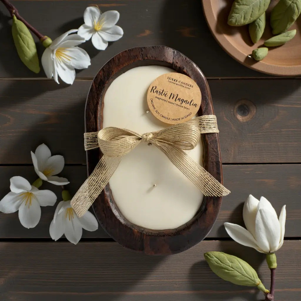 Rustic Magnolia Wooden Bowl Candle | Organic Soy Wax | Hand-Poured