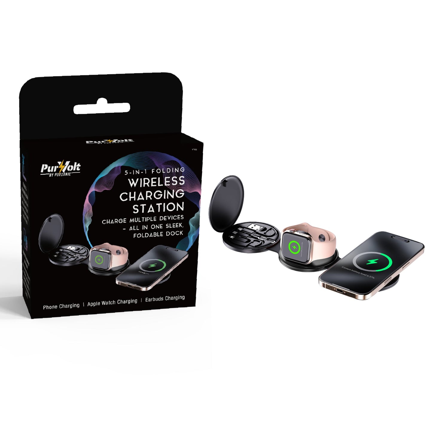Power & Sound Essentials Bundle – 5-in-1 Folding Wireless Charging Station + True Wireless Earbuds-1