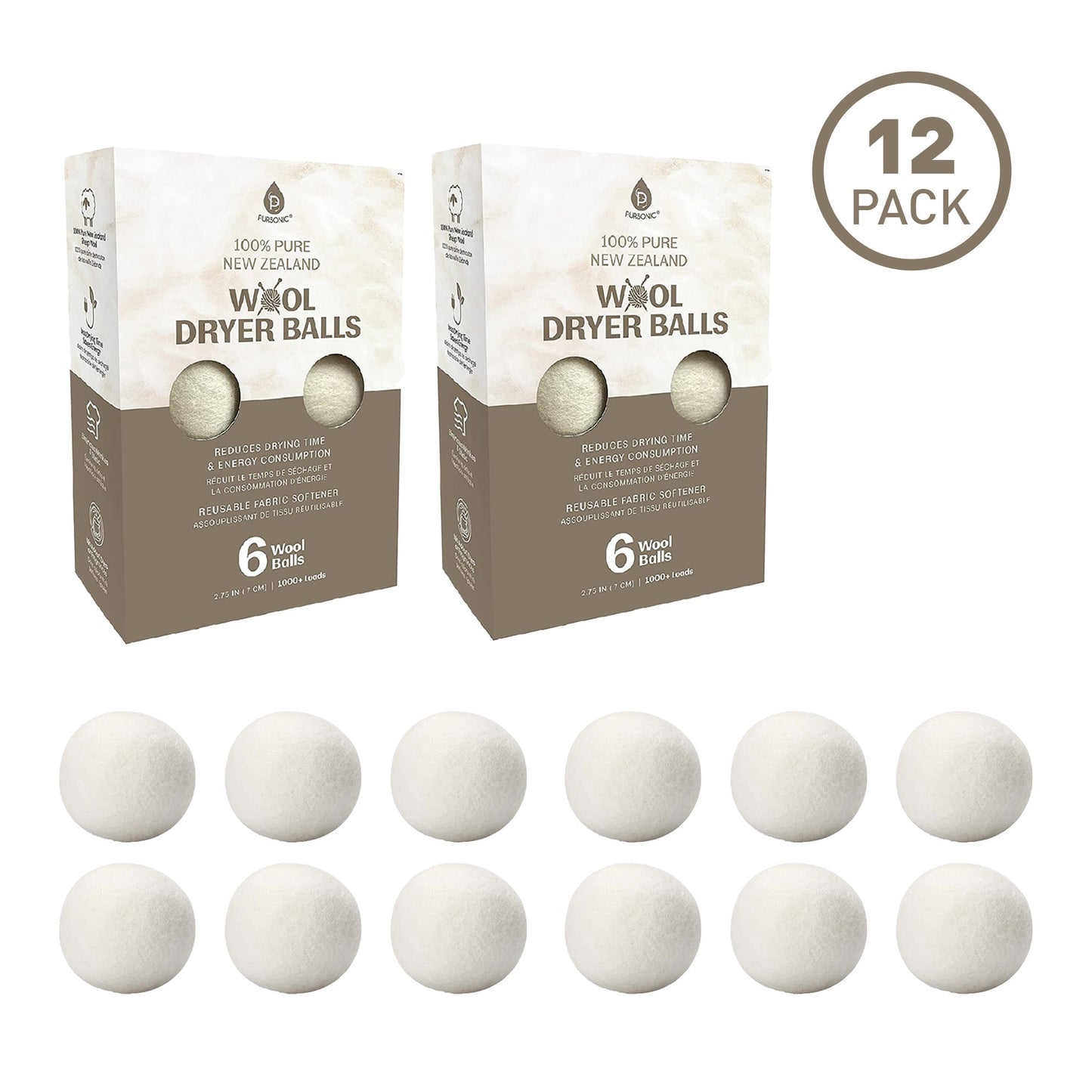 Pursonic 100% Pure New Zealand Wool Dryer Balls - 12 Pack-0