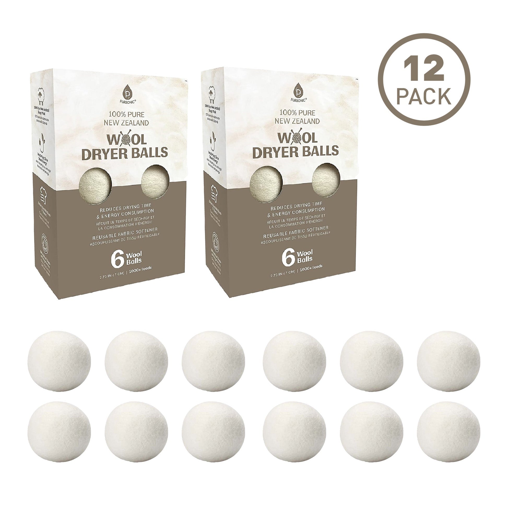 Pursonic 100% Pure New Zealand Wool Dryer Balls - 12 Pack-0
