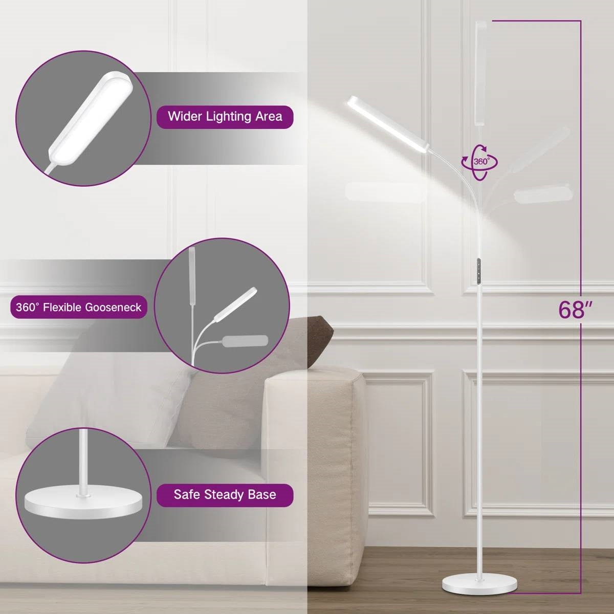 White 68-inch LED Dimmable Gooseneck Floor Lamp Reading Light with Remote-1