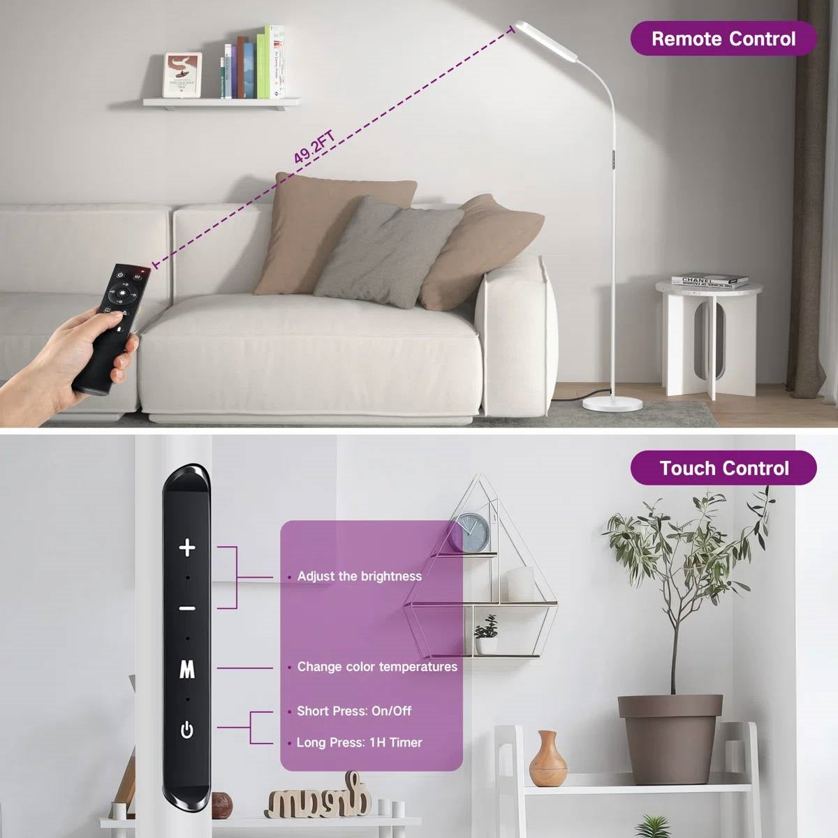 White 68-inch LED Dimmable Gooseneck Floor Lamp Reading Light with Remote-2