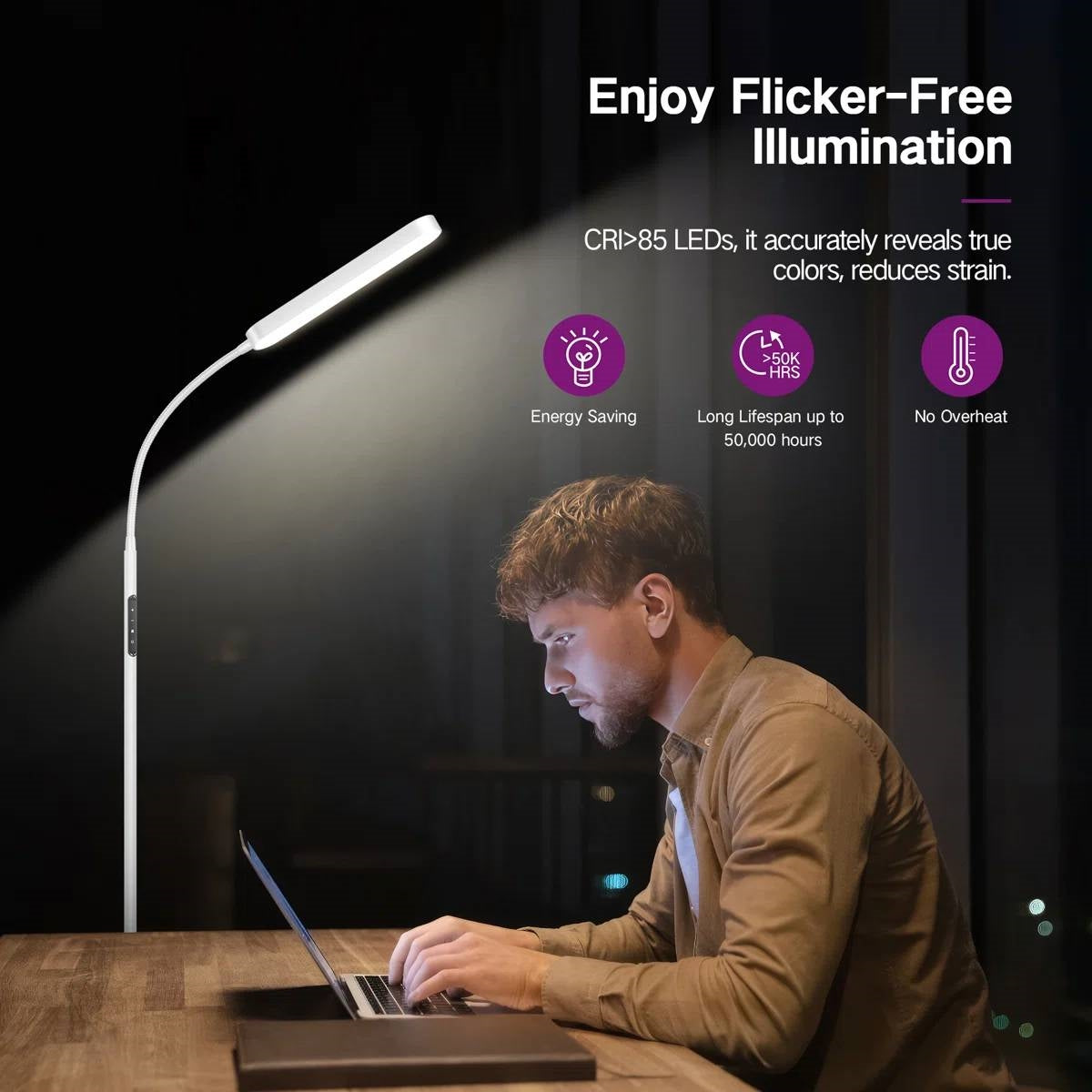 White 68-inch LED Dimmable Gooseneck Floor Lamp Reading Light with Remote-3
