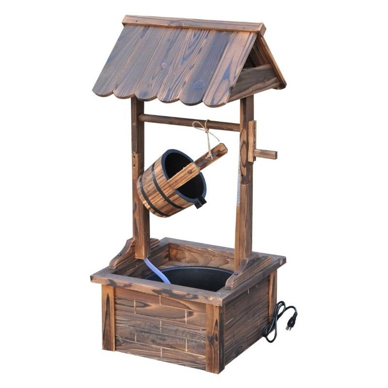 Outdoor Garden Solid Wood Wishing Well Water Fountain with Bucket and Pump-0