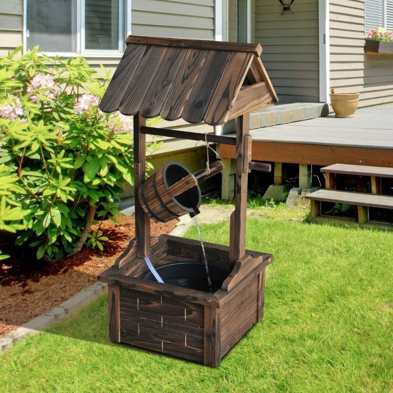 Outdoor Garden Solid Wood Wishing Well Water Fountain with Bucket and Pump-1