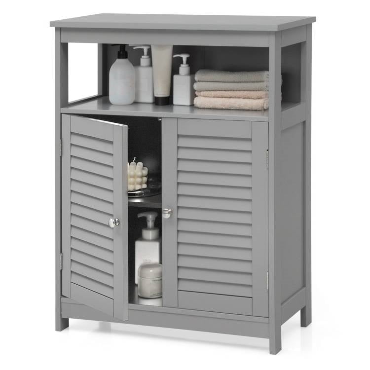 Grey Farmhouse Bathroom Linen Cabinet with Louvered Doors and Open Shelf-0