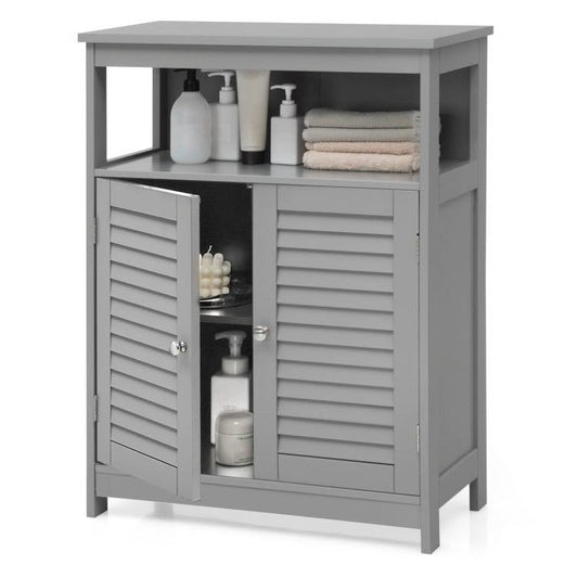 Grey Farmhouse Bathroom Linen Cabinet with Louvered Doors and Open Shelf-0
