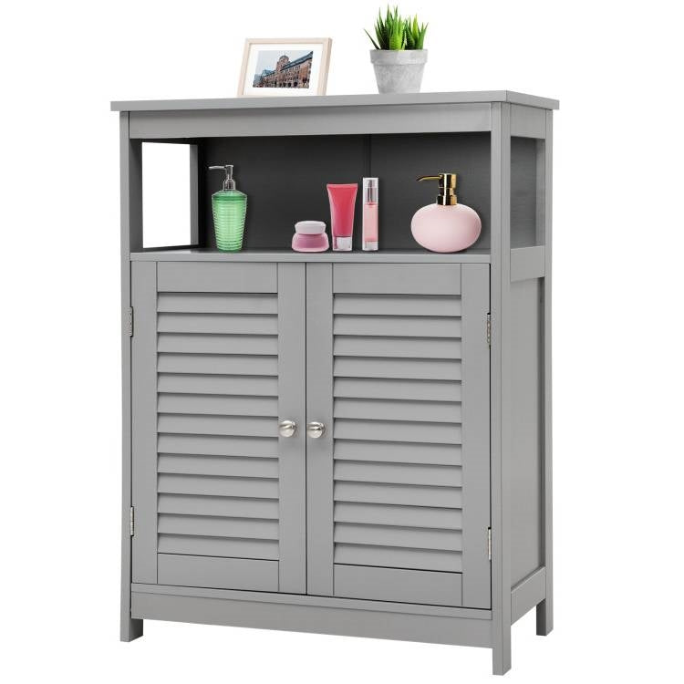 Grey Farmhouse Bathroom Linen Cabinet with Louvered Doors and Open Shelf-1