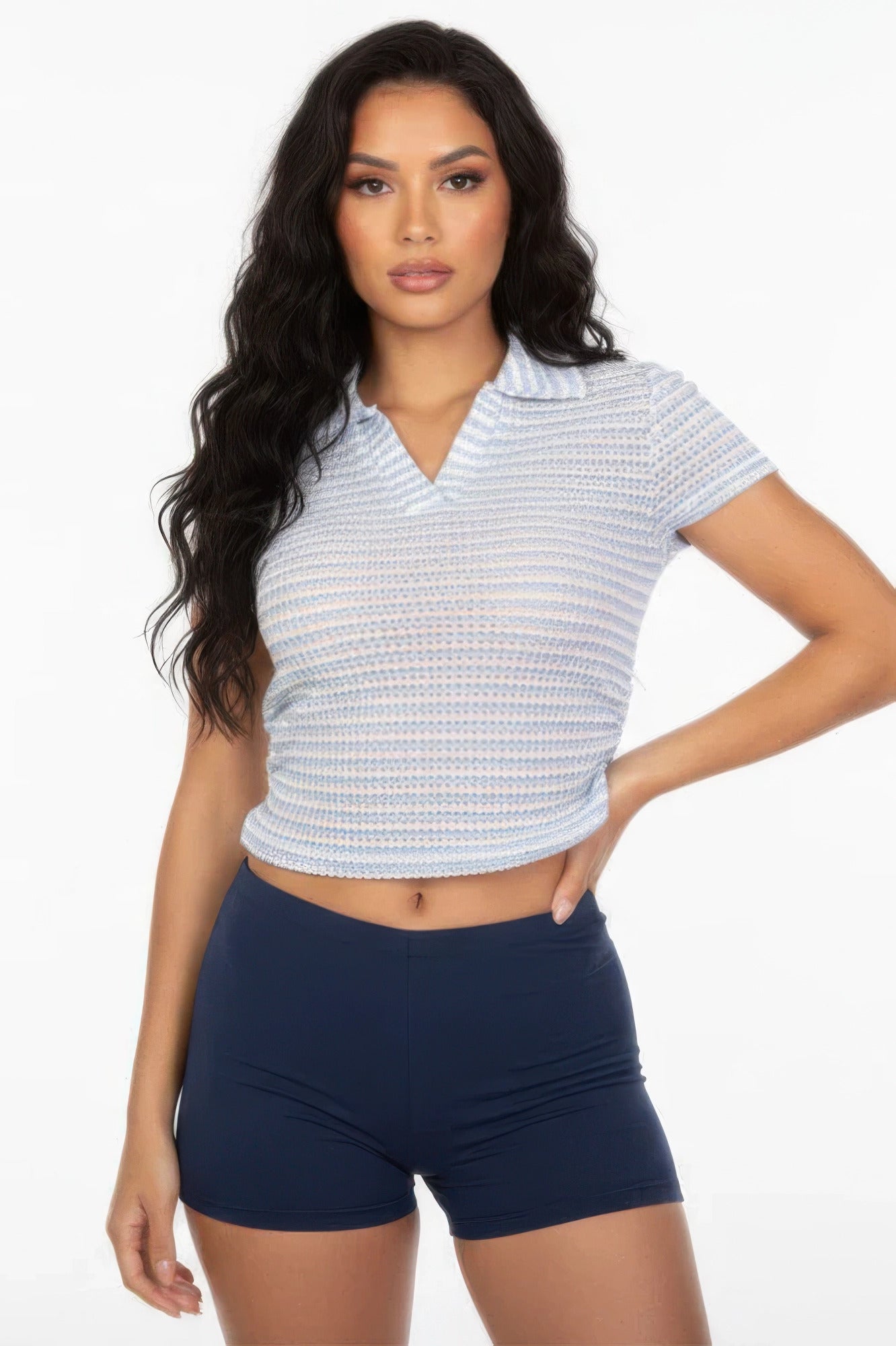 Women's Pineapple Knit Striped Polo Crop Top