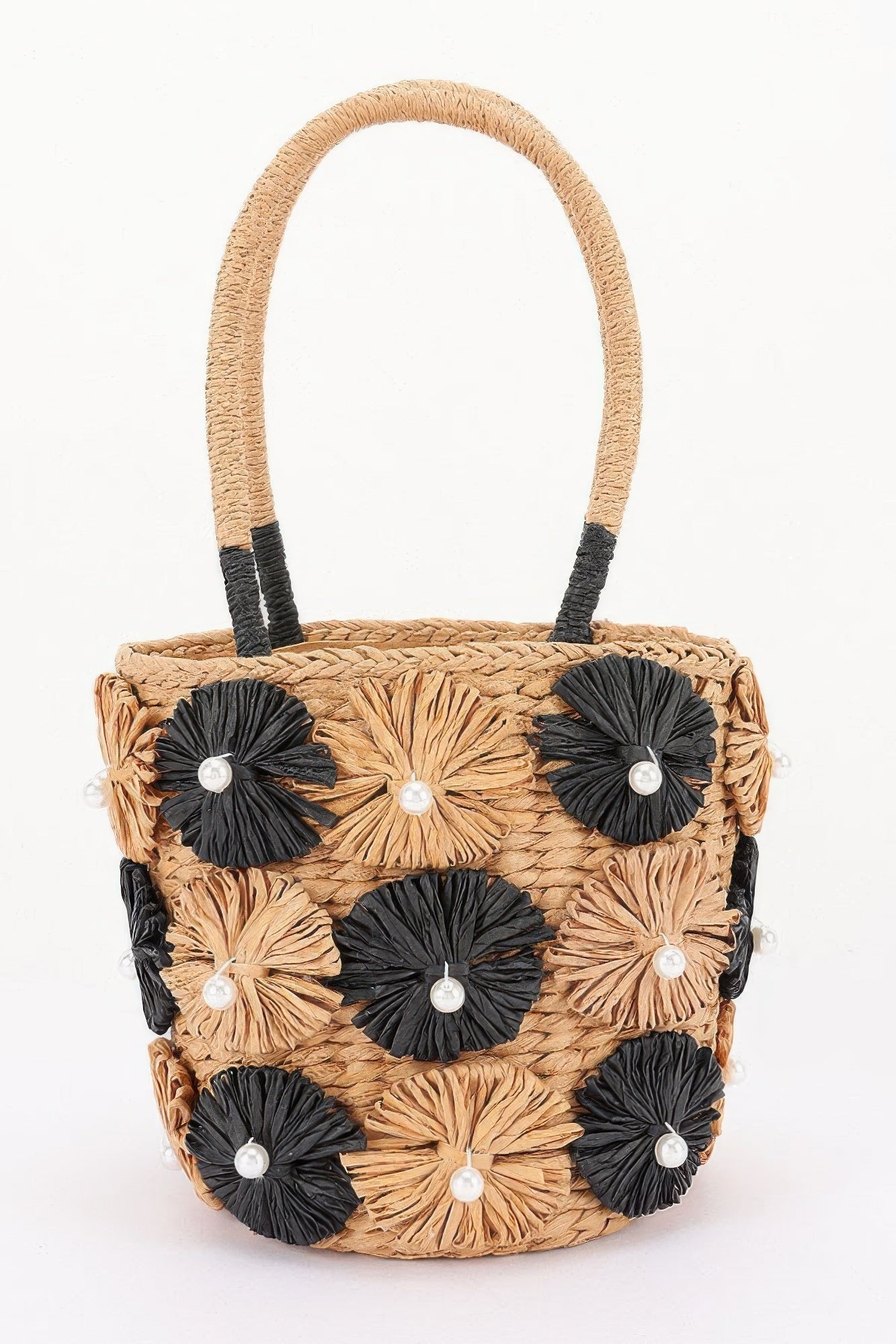 Faux Straw Flower Barrel Clutch Tote