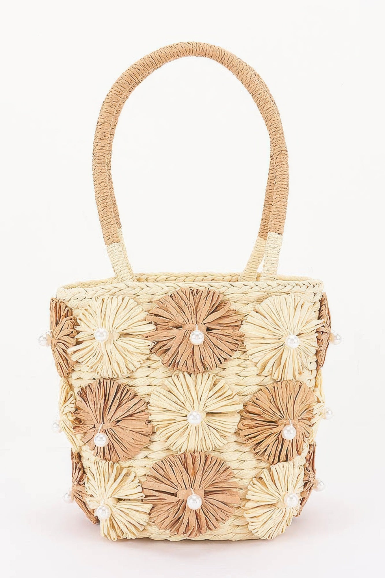 Faux Straw Flower Barrel Clutch Tote