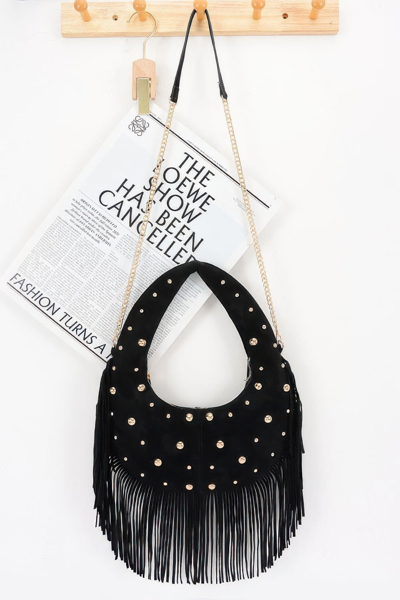 Faux Suede Metal Studded Fringe Hobo Bag
