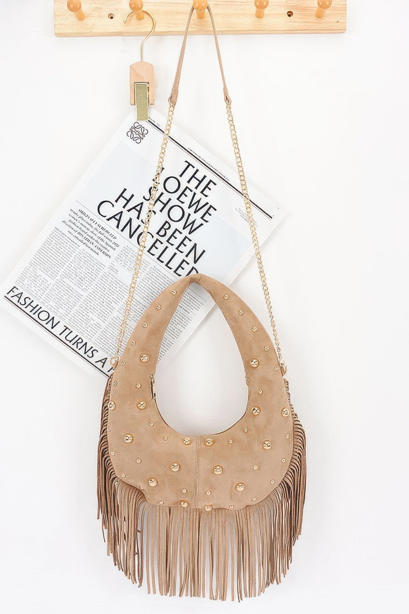 Faux Suede Metal Studded Fringe Hobo Bag