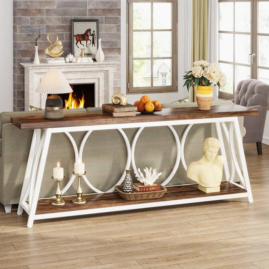 Industrial 70-inch Brown Wood Top Sofa Table with Heavy Duty White Metal Frame-0