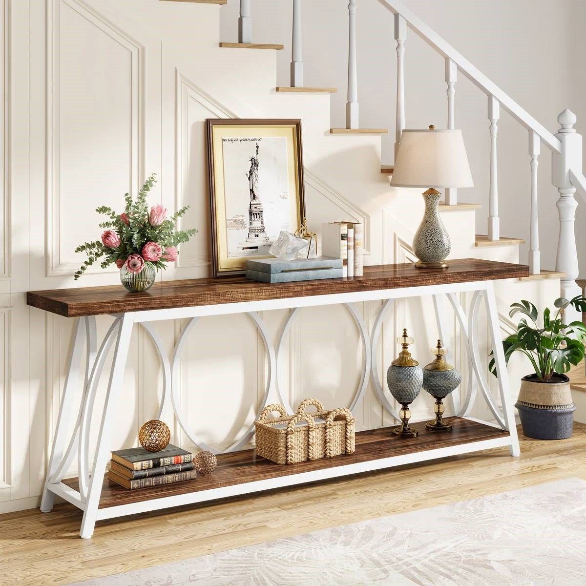 Industrial 70-inch Brown Wood Top Sofa Table with Heavy Duty White Metal Frame-1