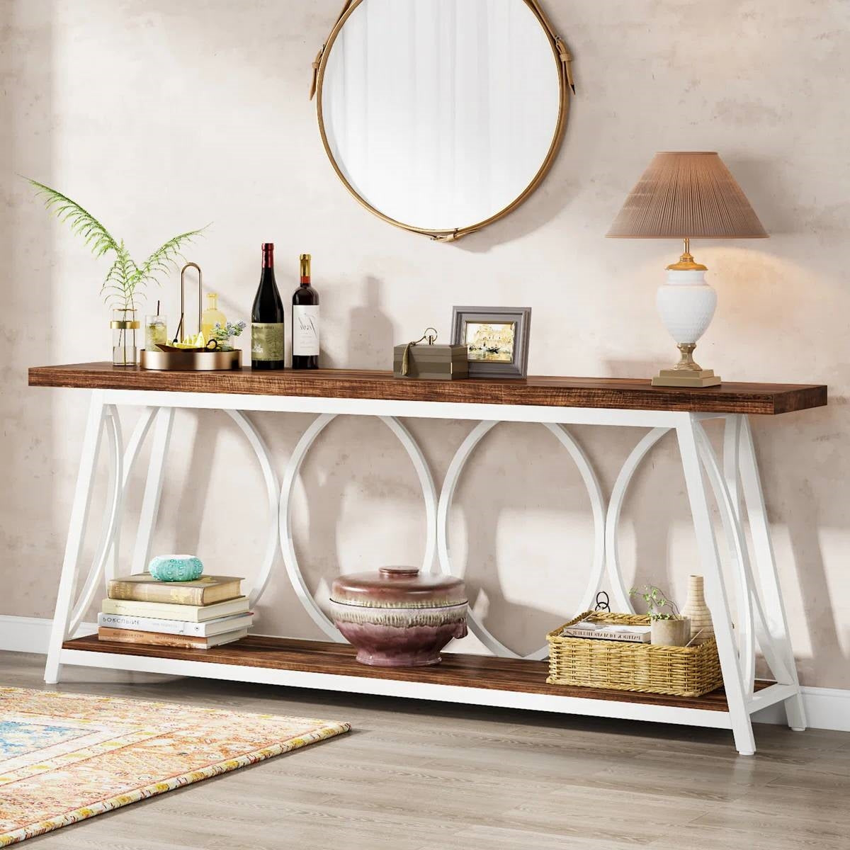 Industrial 70-inch Brown Wood Top Sofa Table with Heavy Duty White Metal Frame-2