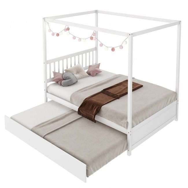 White Full Size Canopy Platform Bed with Twin Roller Trundle Bed-0