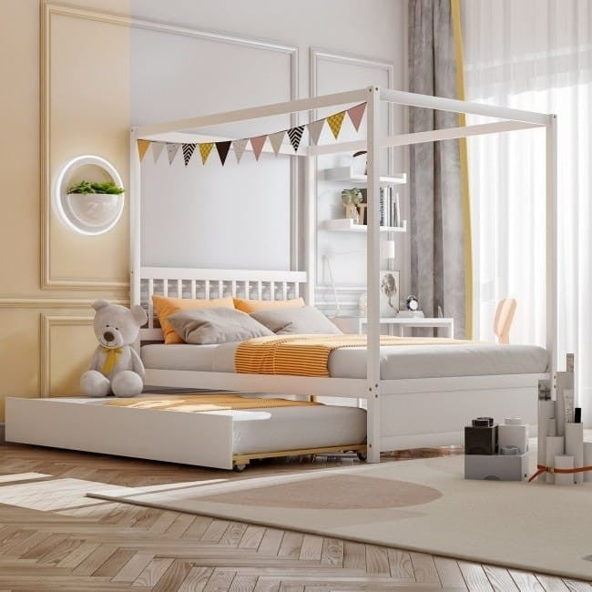 White Full Size Canopy Platform Bed with Twin Roller Trundle Bed-1