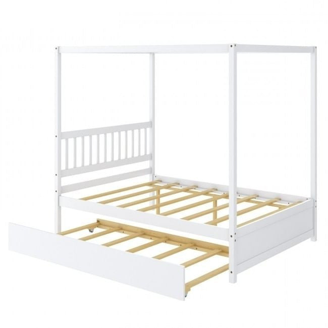 White Full Size Canopy Platform Bed with Twin Roller Trundle Bed-2