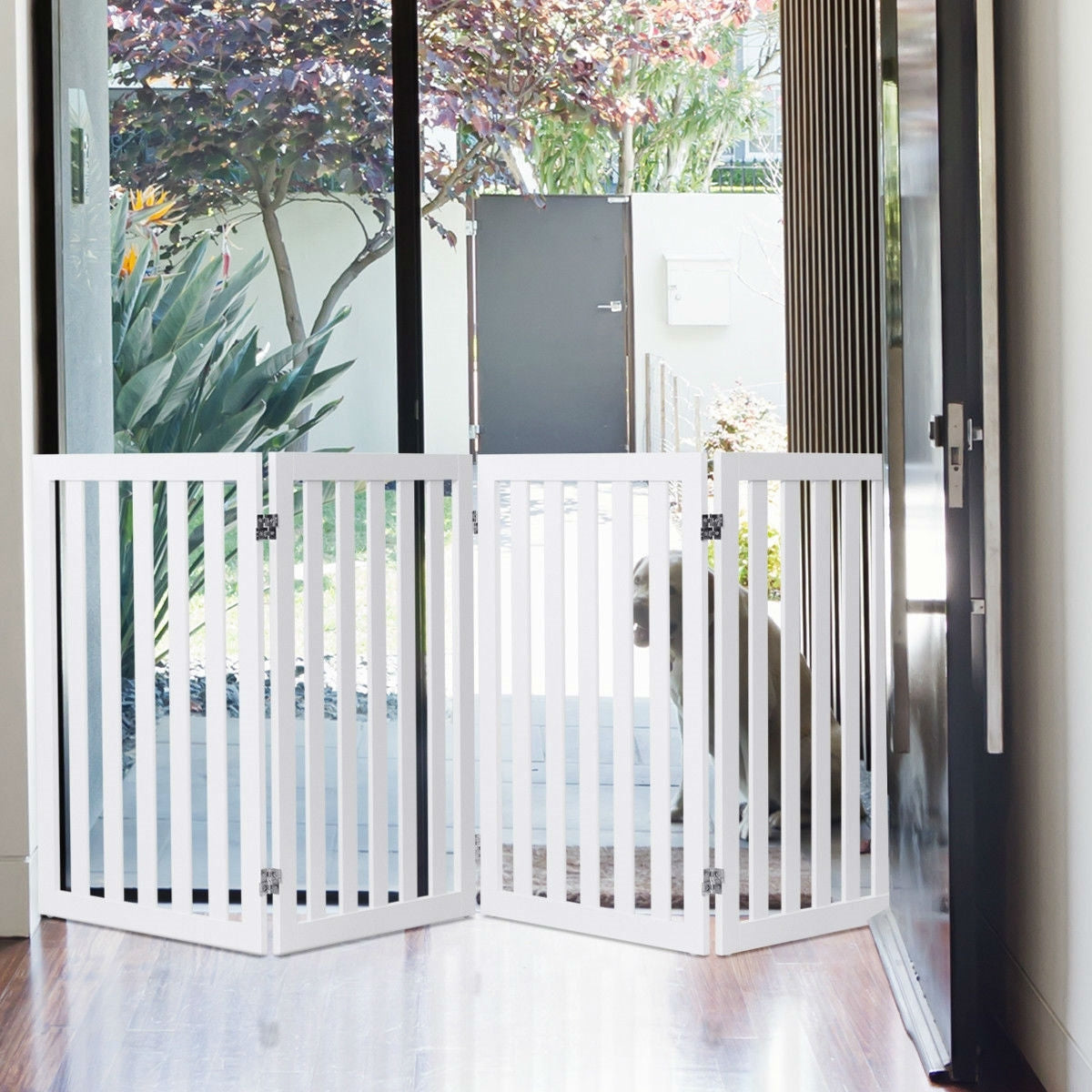 Folding 4-Panel Dog Gate Pet Fence in White Wood Finish-3